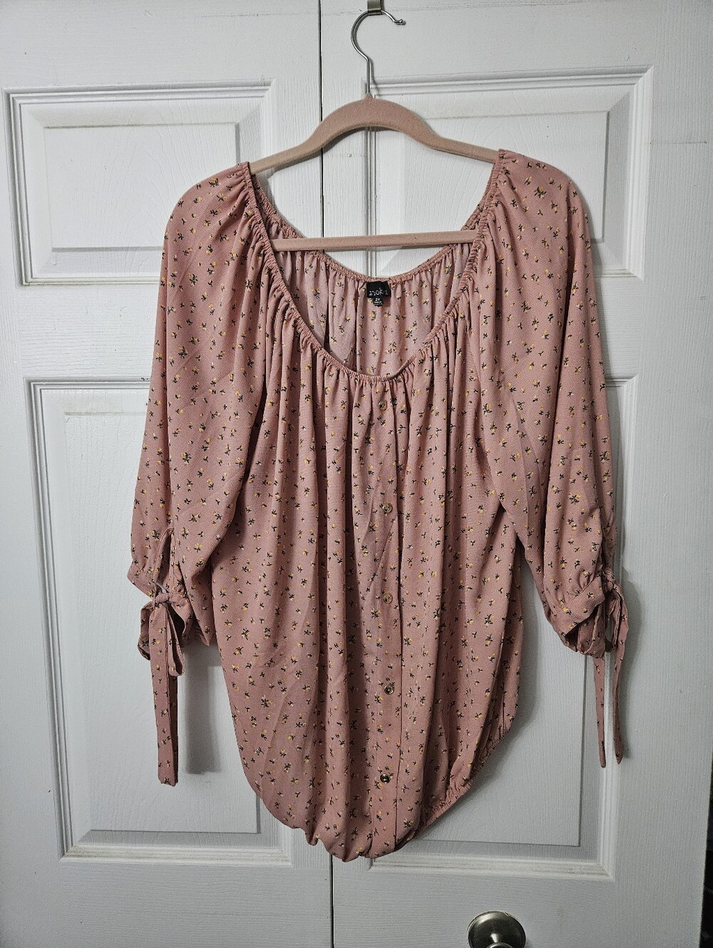 Zenobia Boho Dusty Rose Floral Button-Front Peasant Blouse